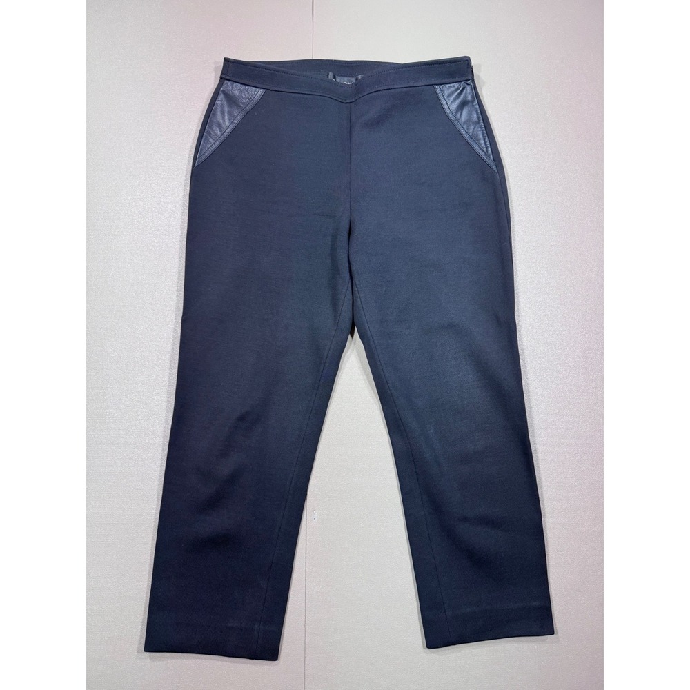 St. John Black Knit Straight Leg Pants Leather Trim‎ Side Zip Size 4